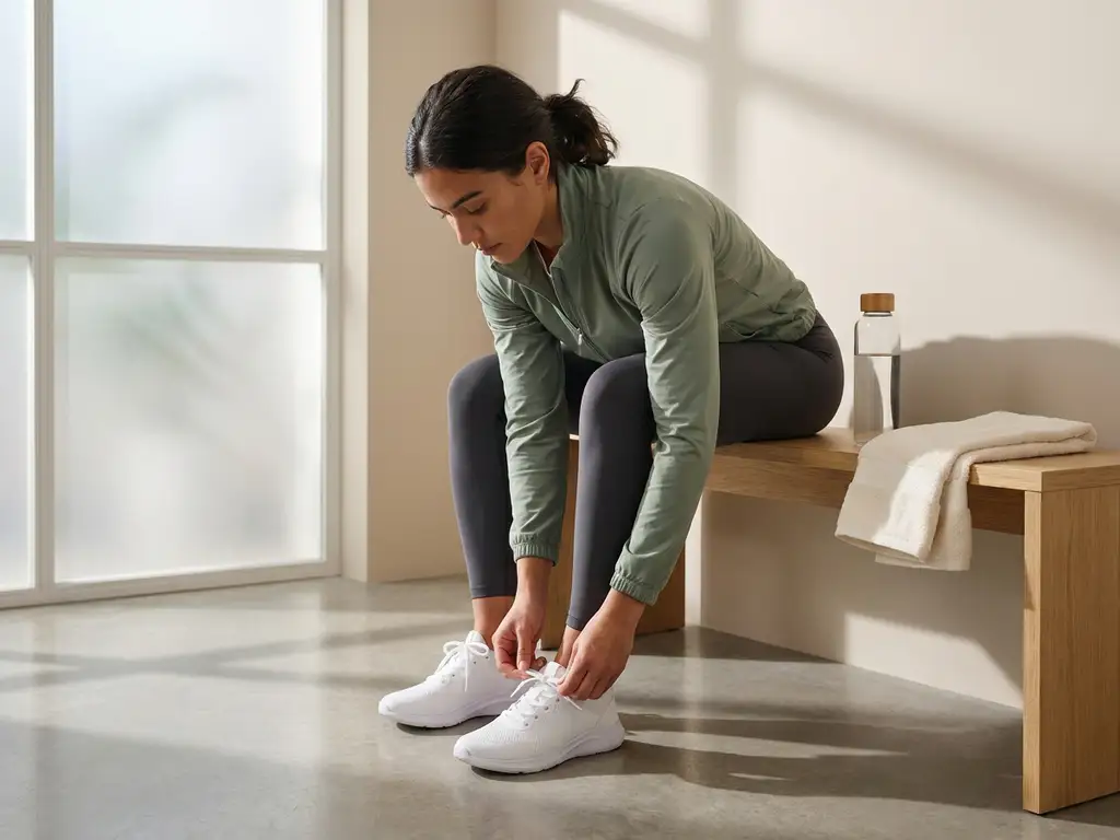 Atleet die witte sportschoenen strikt op houten bank, met waterfles en handdoek, in rustige studio met natuurlijk licht.