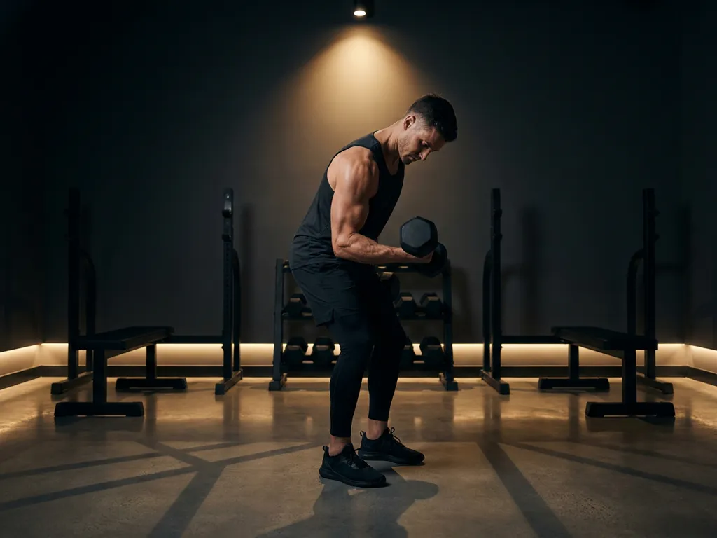 Gespierde atleet voert een gecontroleerde dumbbell curl uit in een minimalistische studio met dramatische spotbelichting op de armspieren.