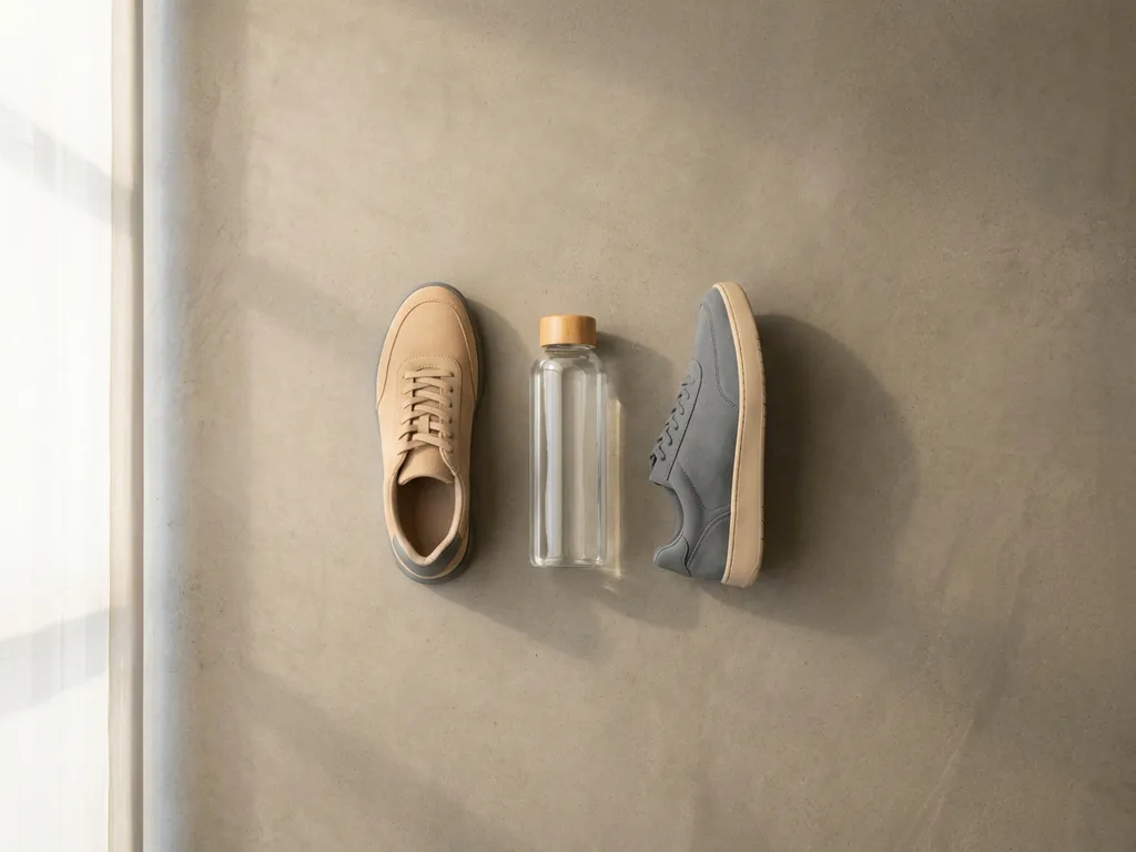 Minimalistische atletische schoenen op betonnen vloer met waterles ertussen, zachte ochtendlichtsfeer, bovenaanzicht.