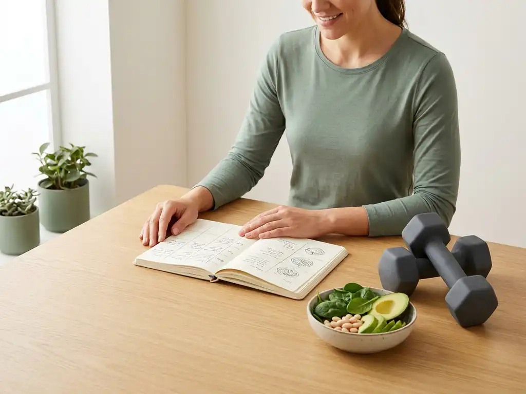 Personal trainer die een maaltijdplan bekijkt naast dumbbells en verse ingrediënten op een eiken tafel in natuurlijk licht.