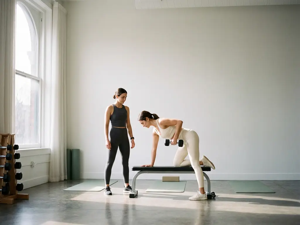 Personal trainer begeleidt cliënt met dumbbell oefening in minimalistische privé sportschool met wit interieur en natuurlijk licht.