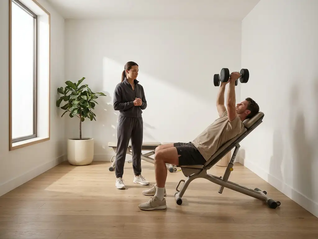 Personal trainer begeleidt cliënt bij dumbbell oefening in minimalistisch privéstudio met houten vloer en natuurlijk licht.