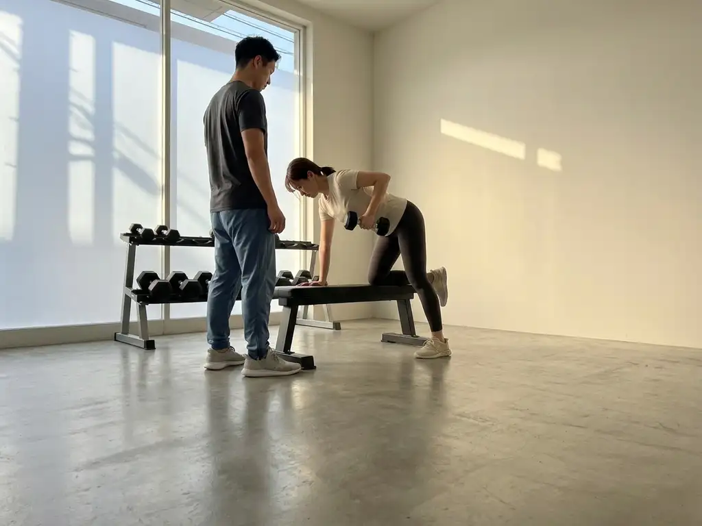 Personal trainer begeleidt cliënt bij dumbbell oefening in stijlvolle privéstudio met betonvloer en natuurlijk licht.