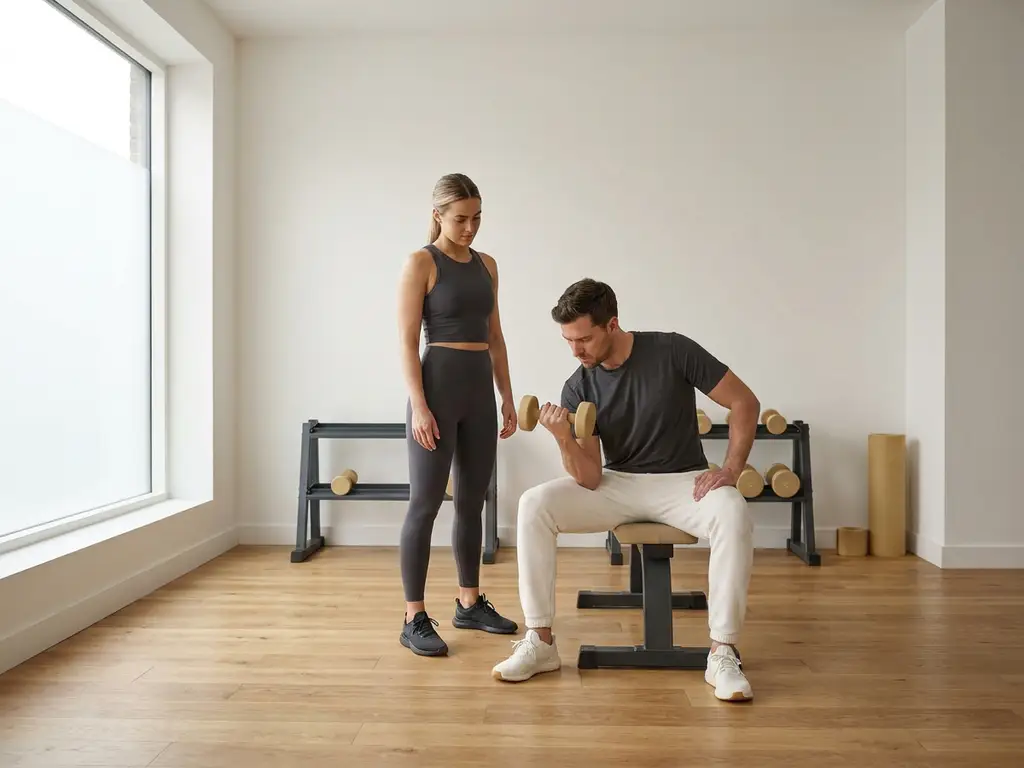 Personal trainer begeleidt cliënt tijdens dumbbell oefening in stijlvolle privé gym met warme eikenhouten vloer en natuurlijk licht.