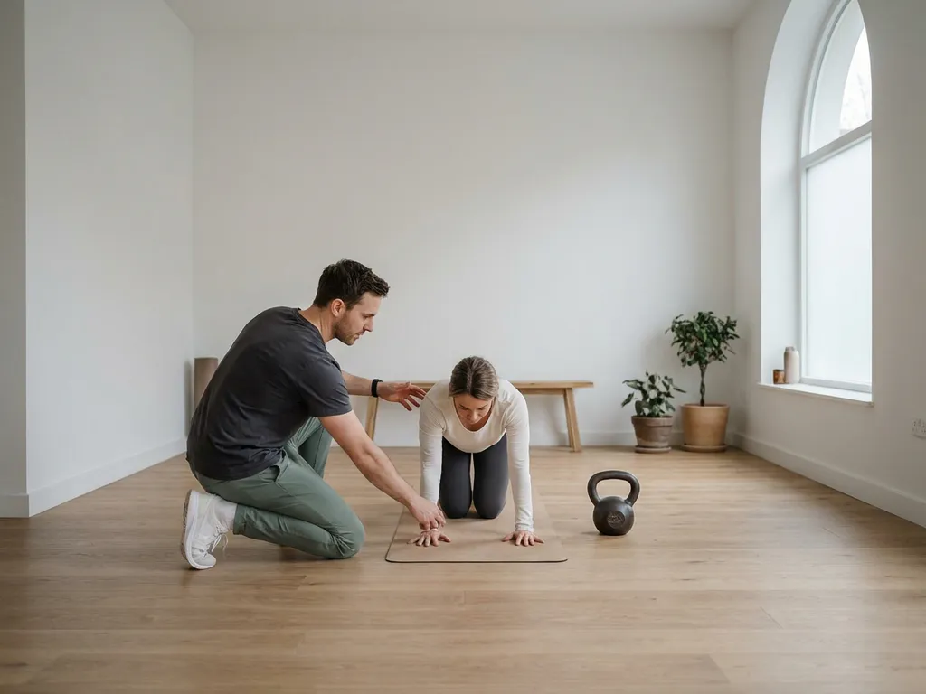 Personal trainer begeleidt cliënt één-op-één in minimalistisch privégym met houten vloer, witte muren en een kettlebell in zacht natuurlijk licht.