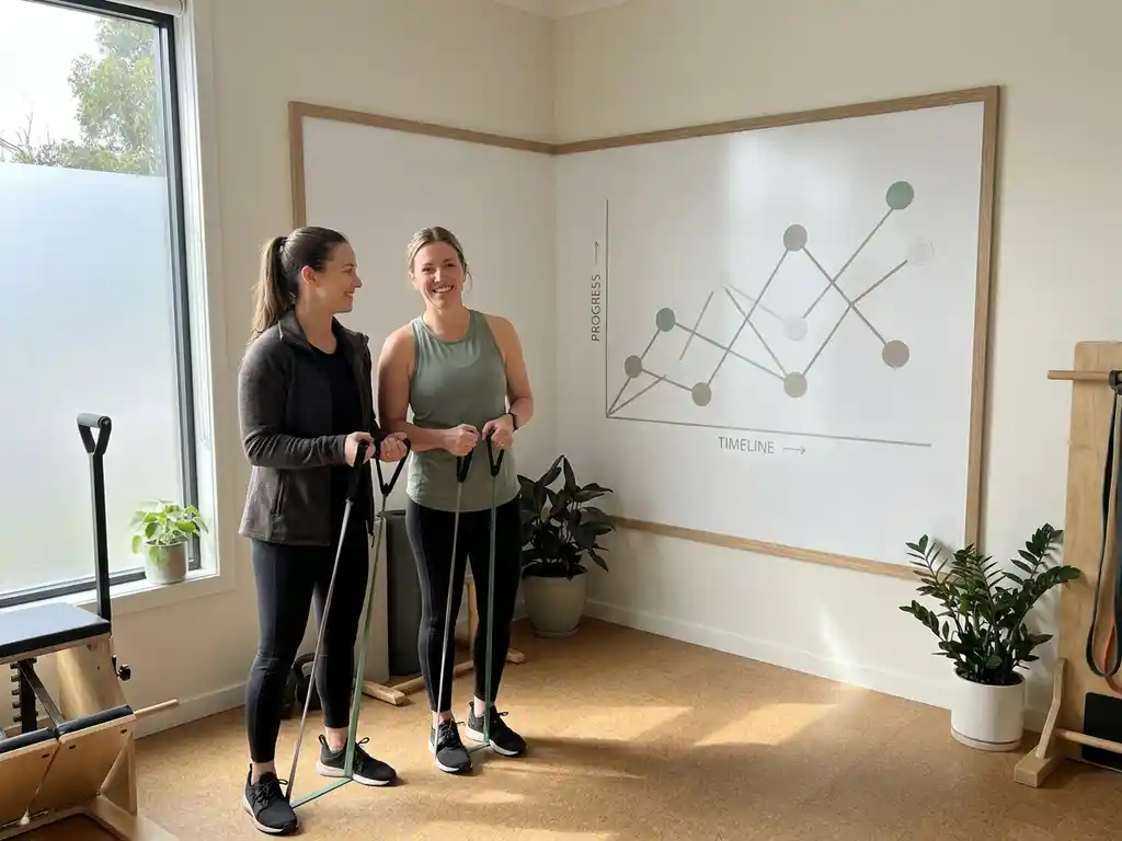 Personal trainer en cliënt in privéstudio met trainingsmijlpalen op whiteboard, rustige sfeer met saliegroen en warme tinten.