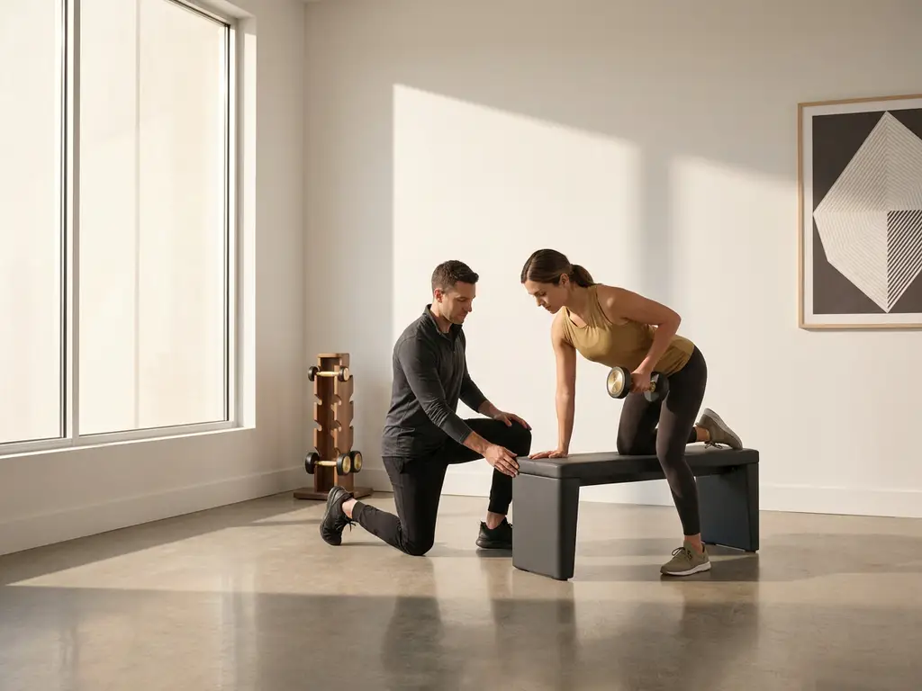 Personal trainer begeleidt cliënt bij dumbbell oefening in minimalistisch privéstudio met natuurlijk licht en betonnen vloer.