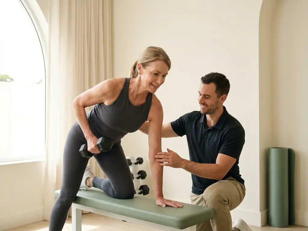 Vijftiger voert dumbbell oefening uit onder begeleiding van personal trainer in lichte privéstudio met natuurlijk zijlicht.