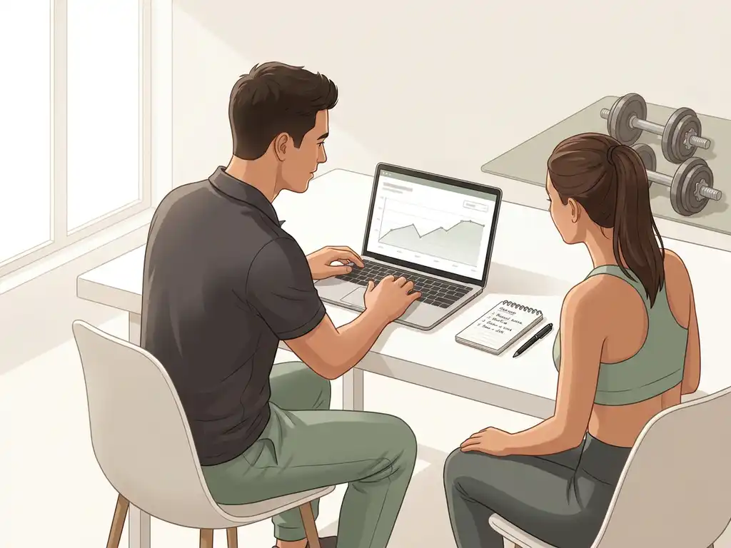 Personal trainer bekijkt voortgangsdata op laptop naast dumbbells en notitieboekje op wit bureau in rustige, professionele omgeving.