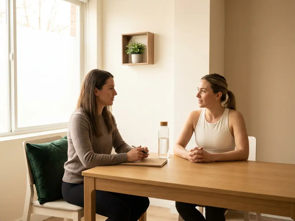 Personal trainer en cliënt in gesprek aan minimalistisch houten tafel in privéstudio, warm natuurlijk licht.
