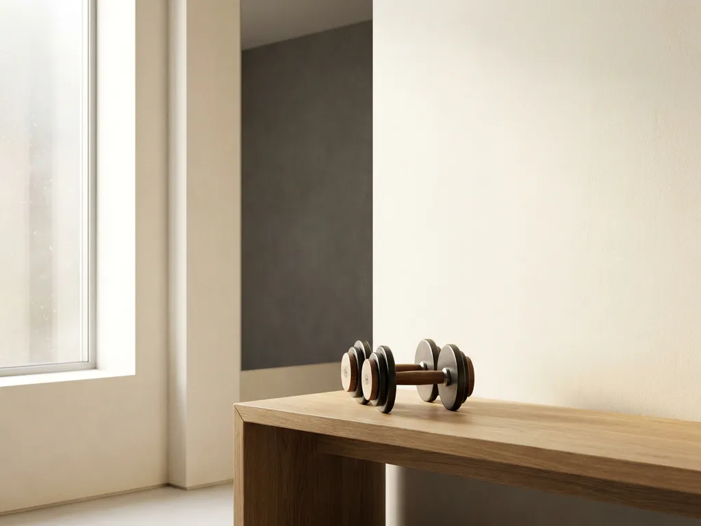 Stel premium dumbbells op een houten bank in een minimalistische privétrainingstudio met zacht ochtendlicht.