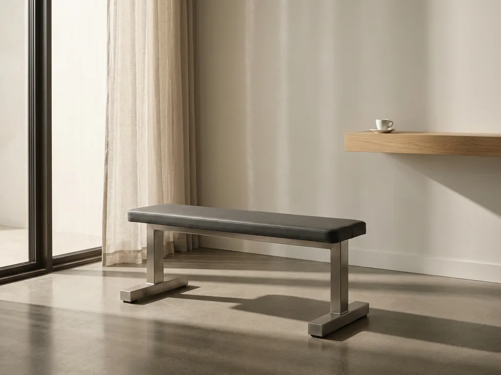 Minimalistische privé trainingstudio met gewichtsbank op gepolijste betonvloer, natuurlijk licht via hoog raam, espressokopje op plank.