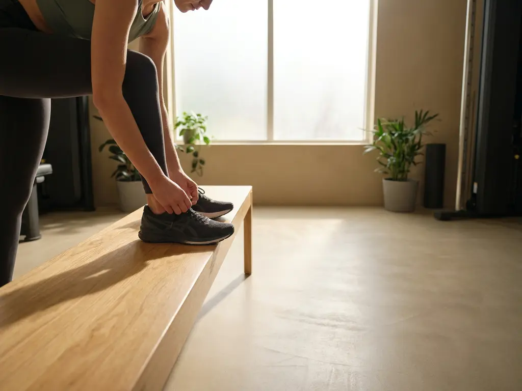 Persoon die sportschoenen strikt op een houten bank in een minimalistische privégym, zacht ochtendlicht op houten vloer.