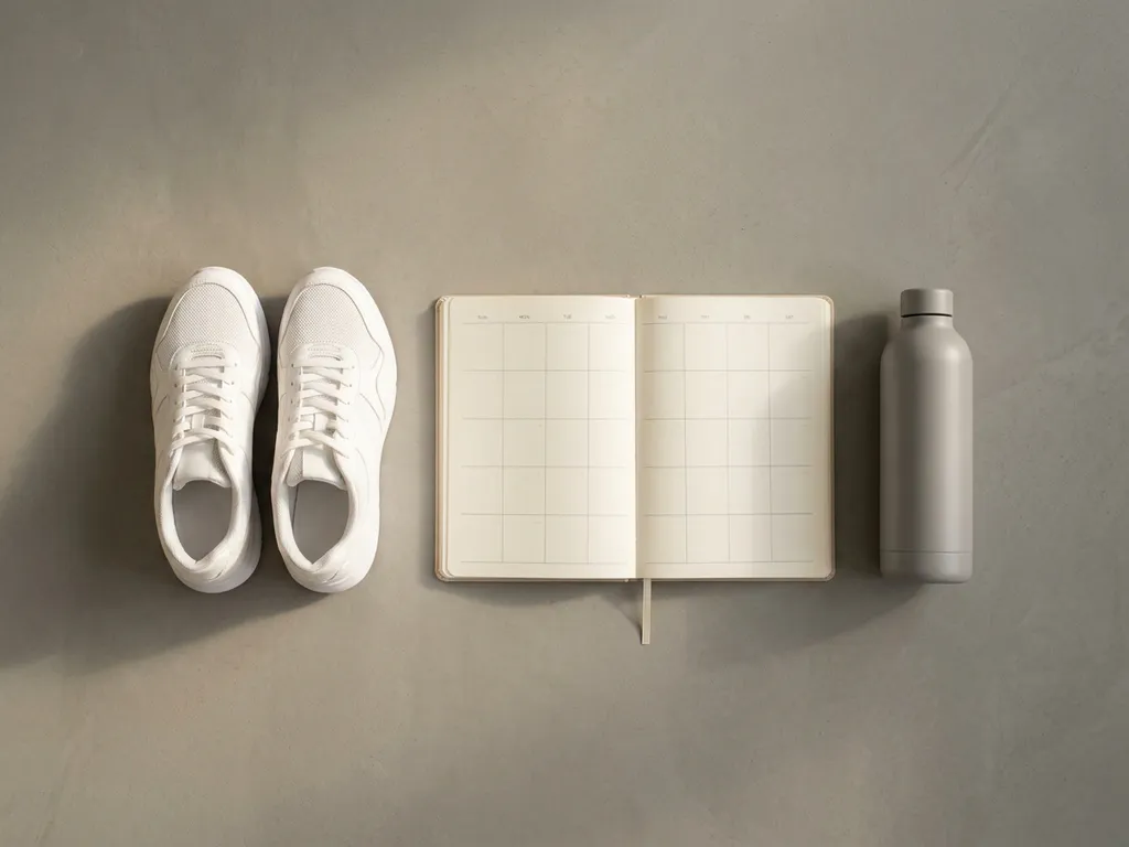 Witte sportschoenen naast een minimalistische maandplanner op betonnen vloer, met een waterles en zacht natuurlijk ochtendlicht.