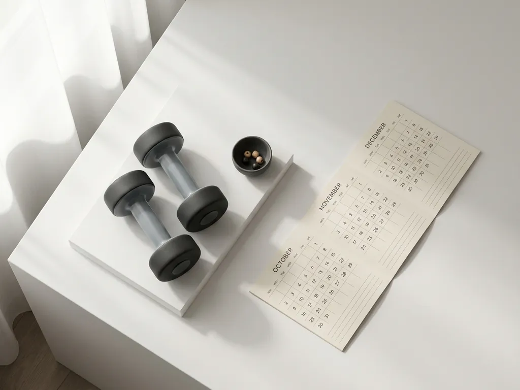 Stalen dumbbells op wit oppervlak naast een driemaands kalender, bovenaanzicht in zachte natuurlijke belichting.