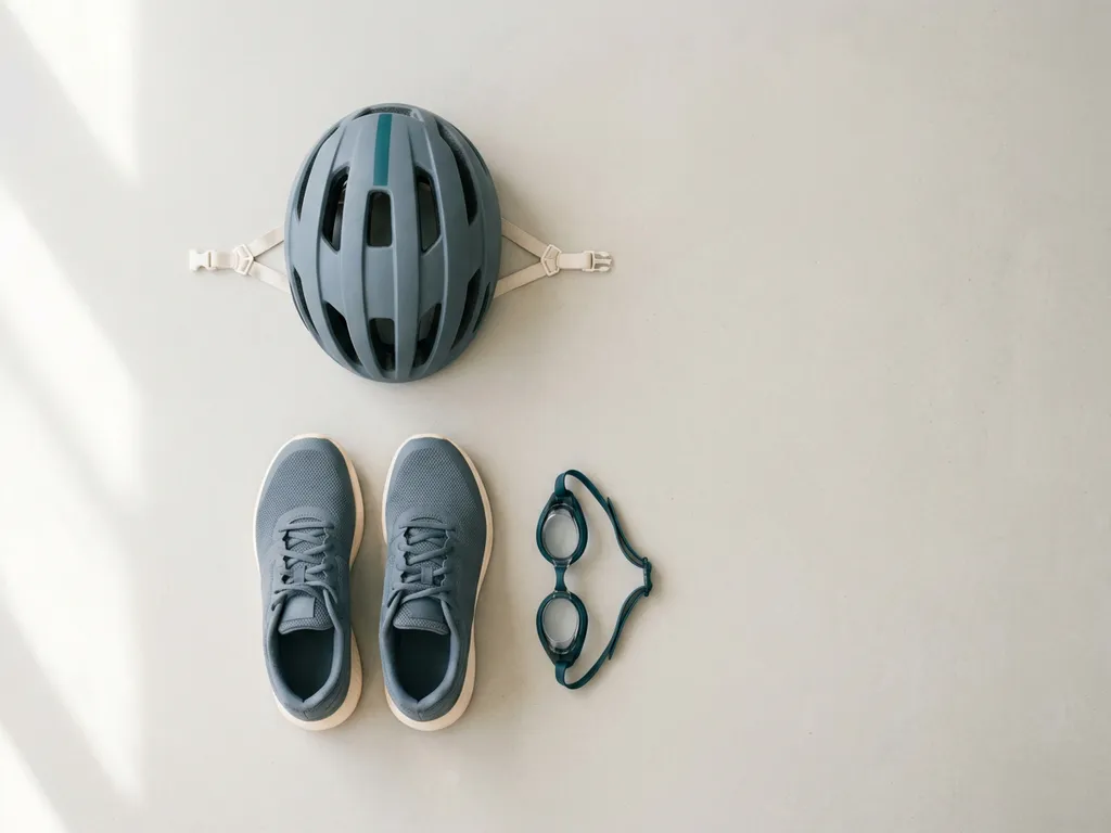 Triatleet-uitrusting met hardloopschoenen, zwembril en fietshelm in minimalistische flatlay op betonnen ondergrond.