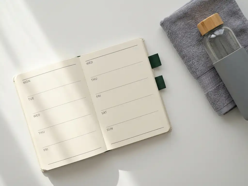 Opengeslagen weekplanner op wit bureau naast een waterfles en gevouwen sporthanddoek, gefotografeerd van bovenaf in zacht ochtendlicht.