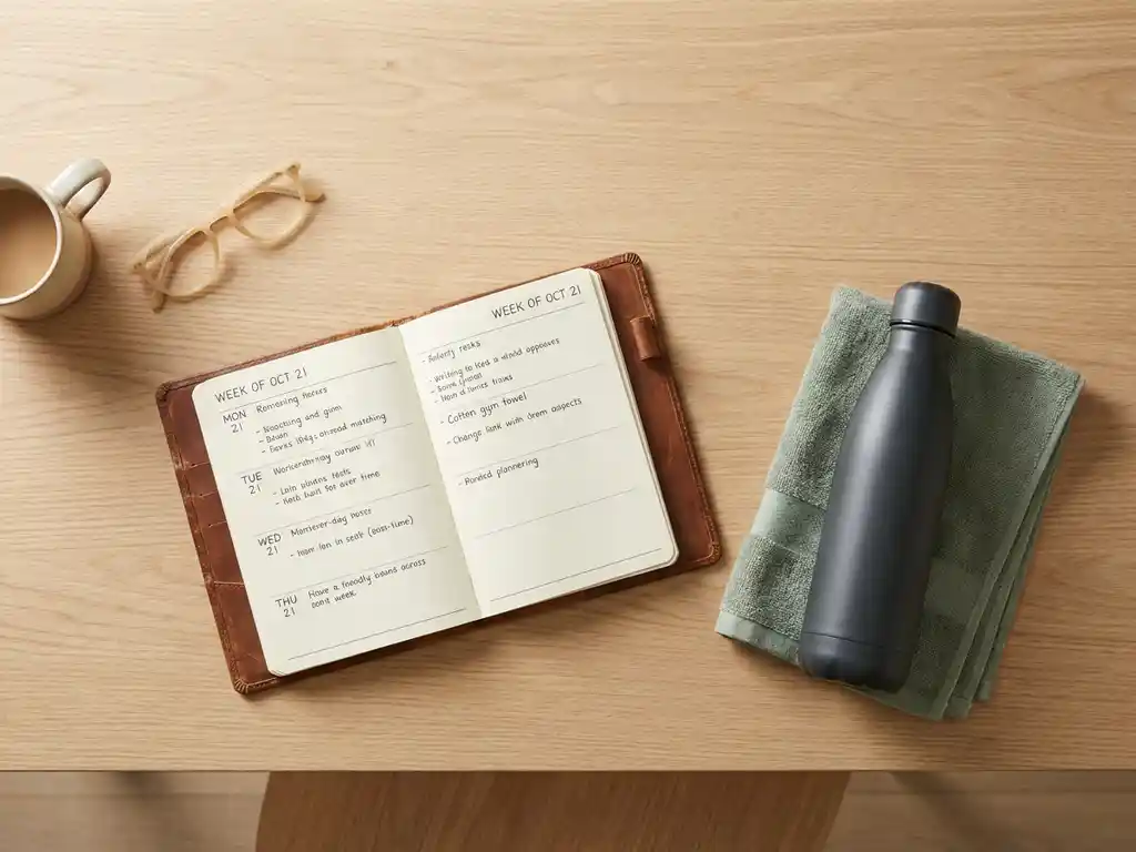 Opengeslagen leren planner met weekschema, waterfles en sporthanddoek op licht eiken bureau in zacht ochtendlicht.
