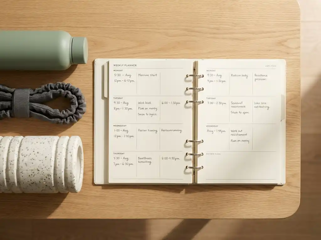 Opengeslagen weekplanner van een personal trainer op eiken tafel, met waterfles, weerstandsband en foamroller in zacht ochtendlicht.