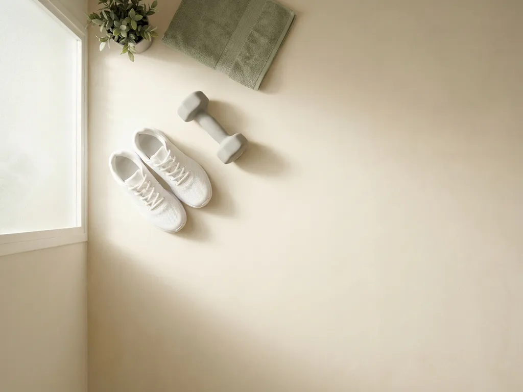 Witte trainingsschoenen en lichte dumbbell op een gymvloer in een minimalistische studio met zacht ochtendlicht.