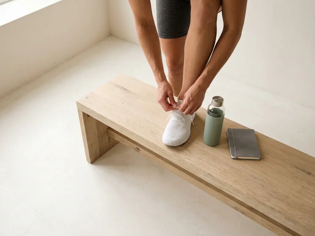 Atleet die witte sportschoenen strikt op een houten bank, met een waterfles en notitieboekje ernaast, in een rustige studio.