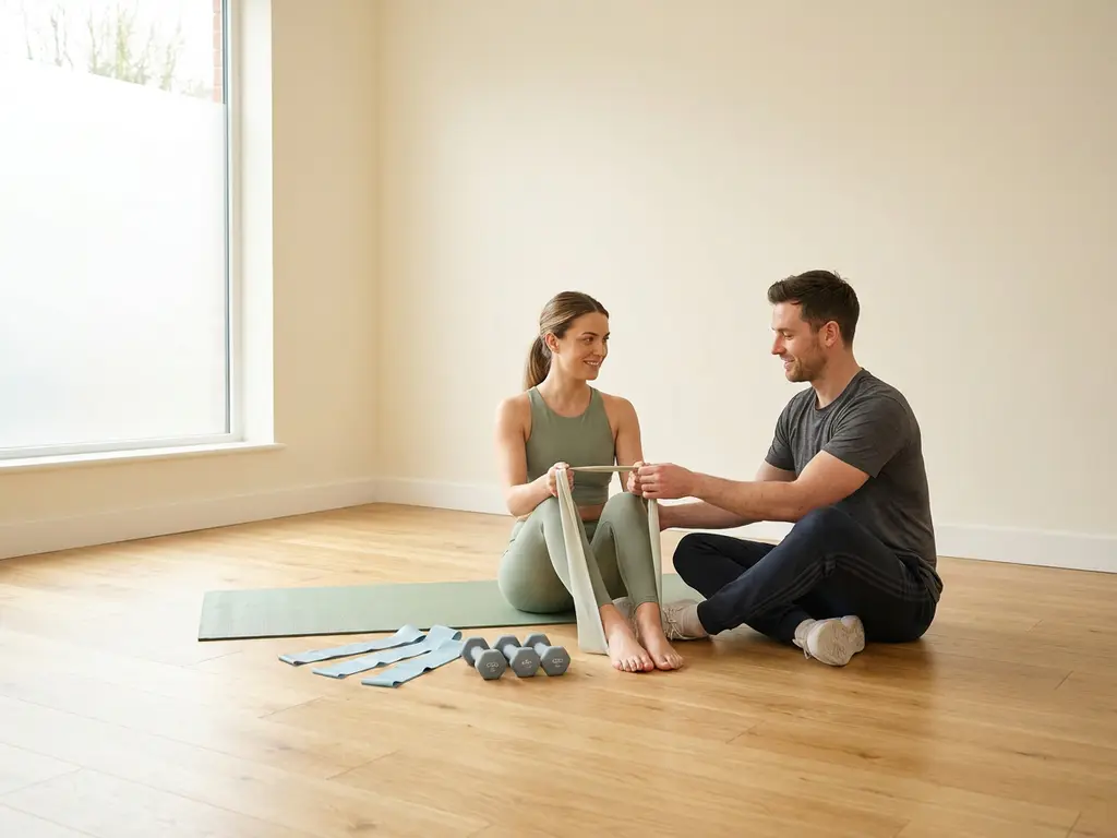 Beginner traint met personal trainer in minimalistische studio, lichte dumbbells en weerstandsbanden op houten vloer, zacht natuurlijk licht.