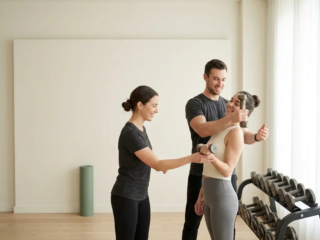 Beginnende sporter ontvangt persoonlijke begeleiding van een personal trainer in een minimalistische studio met houten vloer en dumbbells.