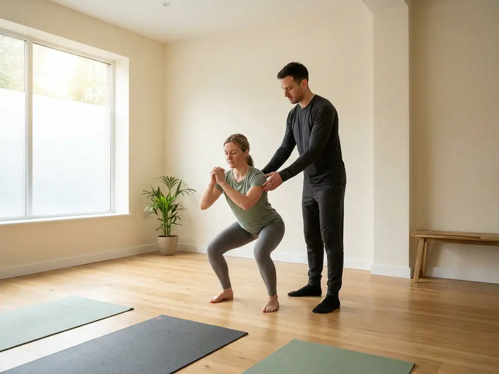Persoonlijke trainer begeleidt een beginner bij een lichaamsgewichtoefening in een rustige, minimalistische studio met natuurlijk zijlicht.