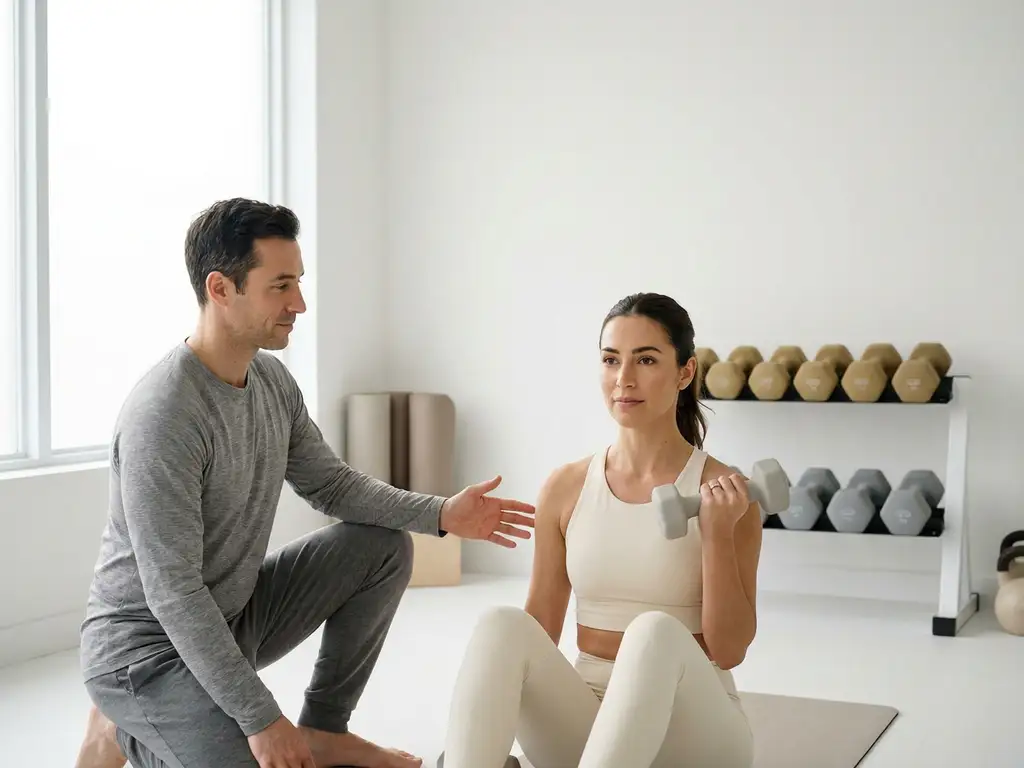 Beginner die een dumbbell oefening uitvoert onder begeleiding van een personal trainer in een minimalistische, lichte studio.
