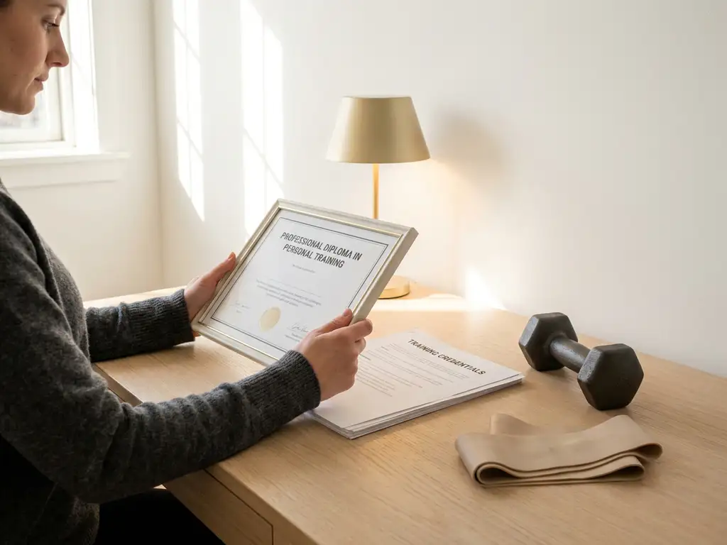 Gecertificeerde personal trainer bekijkt diploma en trainingscertificaten op minimalistische bureau met halter en weerstandsband.