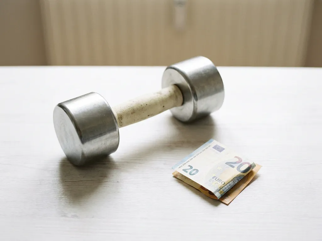 Stalen dumbbell op wit houten oppervlak naast een gevouwen eurobiljet, gefotografeerd van bovenaf in zacht natuurlijk licht.