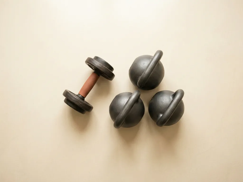 Dumbbell en groep kettlebells in geometrische opstelling op betonnen ondergrond, gefotografeerd van bovenaf in aardetinten.