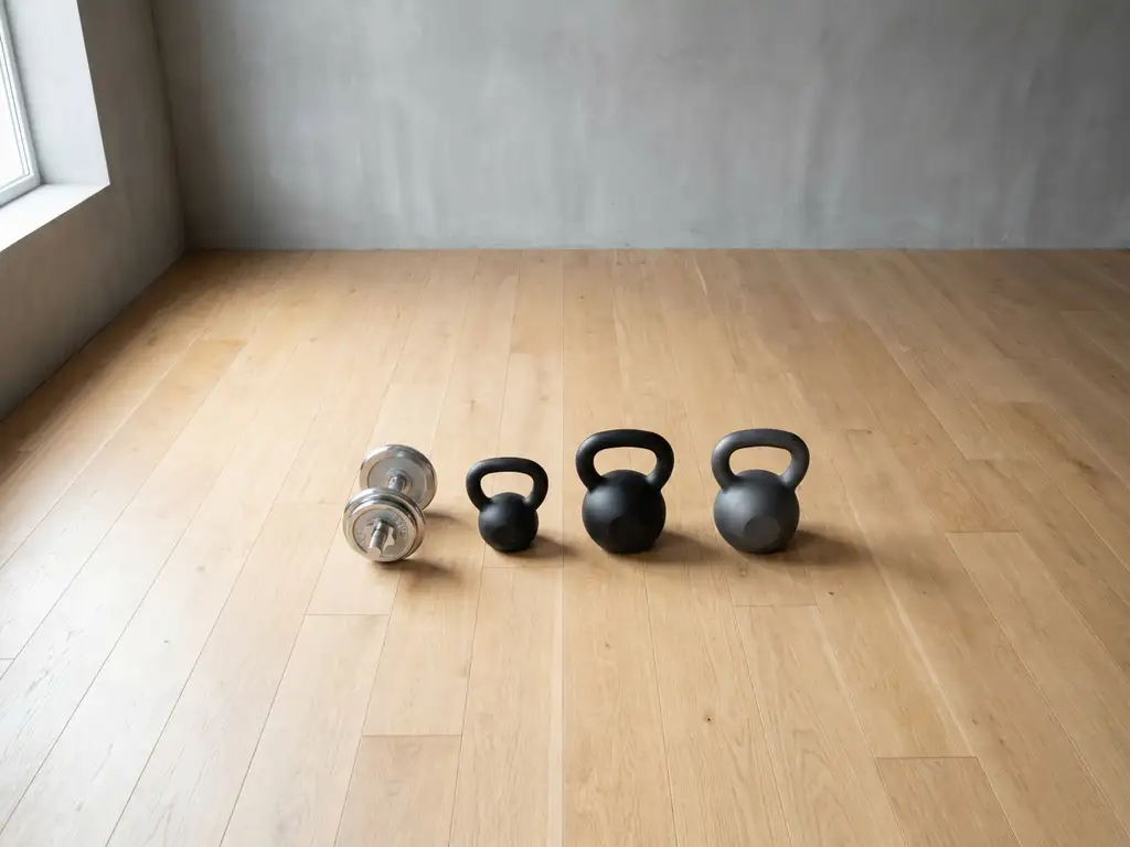 Dumbbell en kettlebells op een licht eiken oppervlak in een minimalistische privéstudio met betonnen muren en natuurlijk licht.