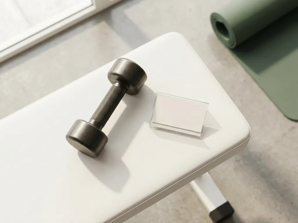 Zwarte dumbbell op witte trainingsbank in minimalistisch privégym met betonnen vloer en zacht natuurlijk licht.