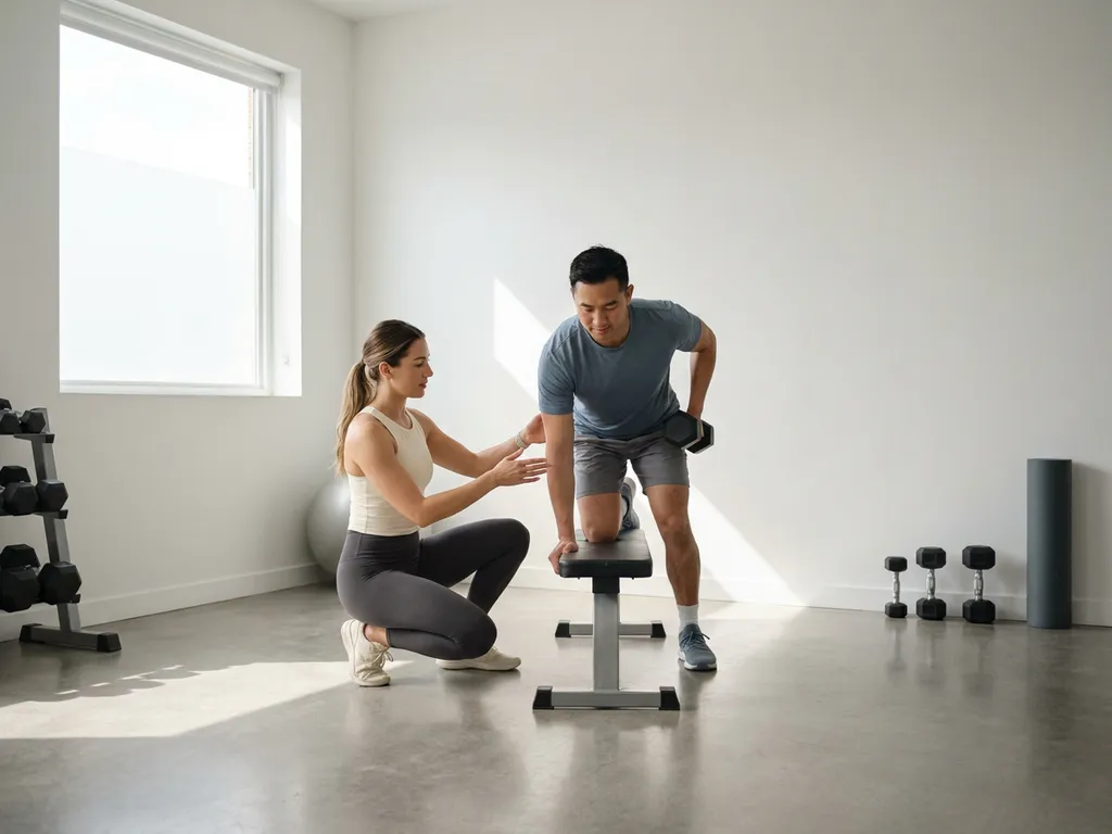 Personal trainer begeleidt cliënt bij dumbbell oefening in lichte, minimalistische privéstudio met witte muren en betonnen vloer.
