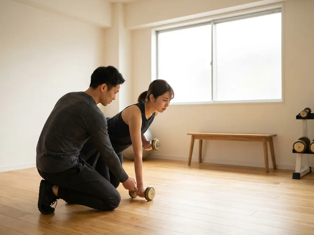 Personal trainer begeleidt cliënt bij dumbbell oefening in minimalistische privéstudio met warm natuurlijk licht.