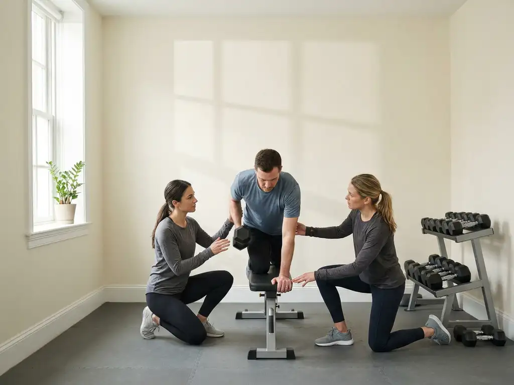 Personal trainer begeleidt cliënt bij dumbbell oefening in minimalistisch privéstudio met natuurlijk licht.
