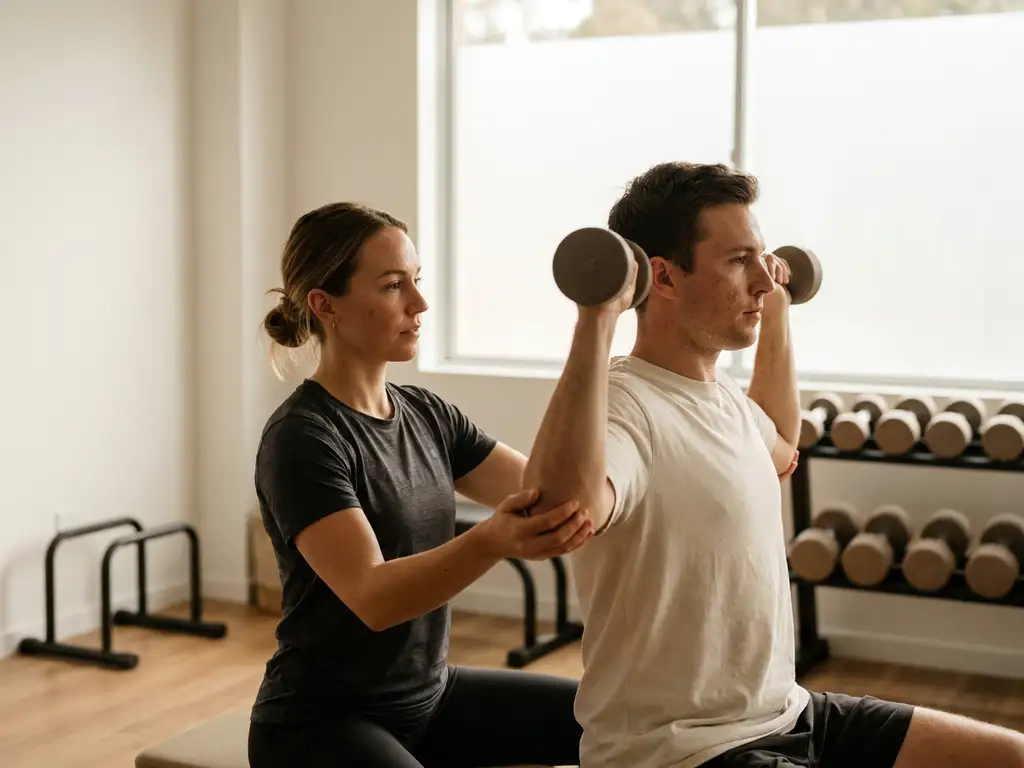 Personal trainer begeleidt cliënt bij dumbbell oefening in stijlvolle privéstudio met natuurlijk licht en minimalistische inrichting.