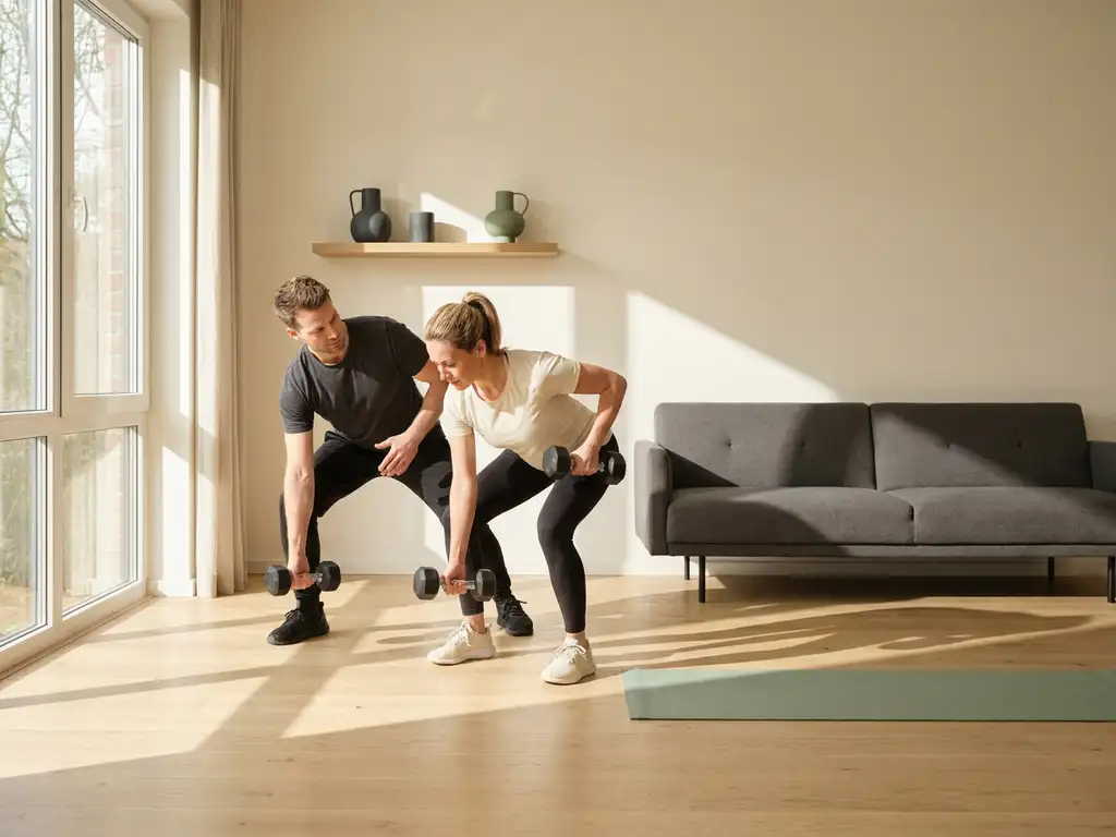 Personal trainer begeleidt cliënt bij dumbbell oefening in lichte, minimalistische woonkamer met houten vloer en natuurlijk licht.