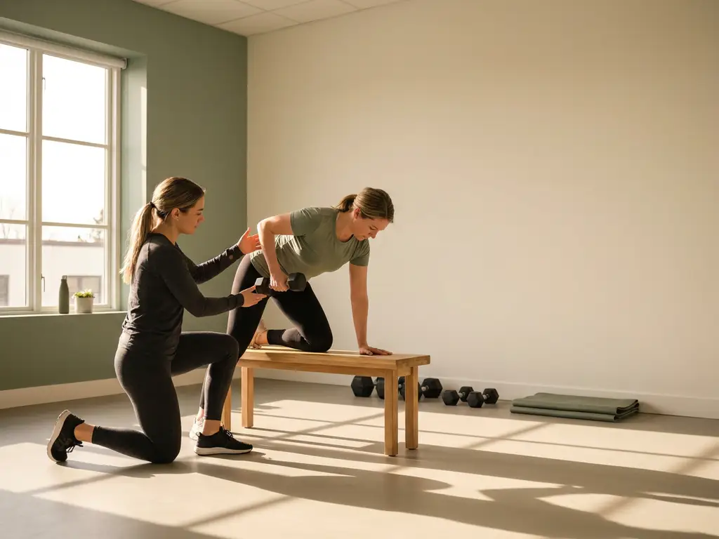 Personal trainer begeleidt cliënt bij dumbbelloefening in minimalistisch privéstudio met warm natuurlijk licht.