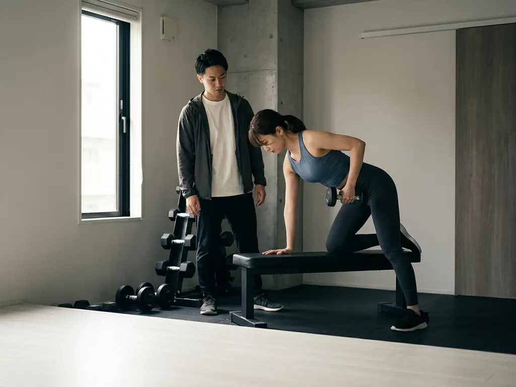 Personal trainer begeleidt cliënt bij dumbbell oefening in minimalistische privéstudio met zacht natuurlijk licht.