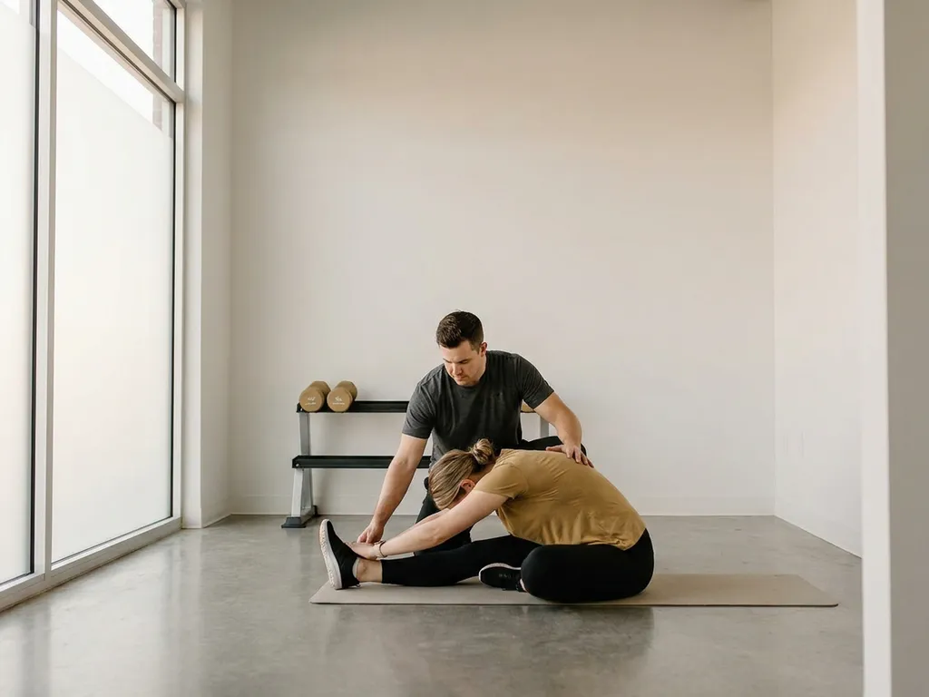 Personal trainer begeleidt cliënt met dumbbells in minimalistisch privéstudio met betonnen vloer en warm natuurlijk licht.