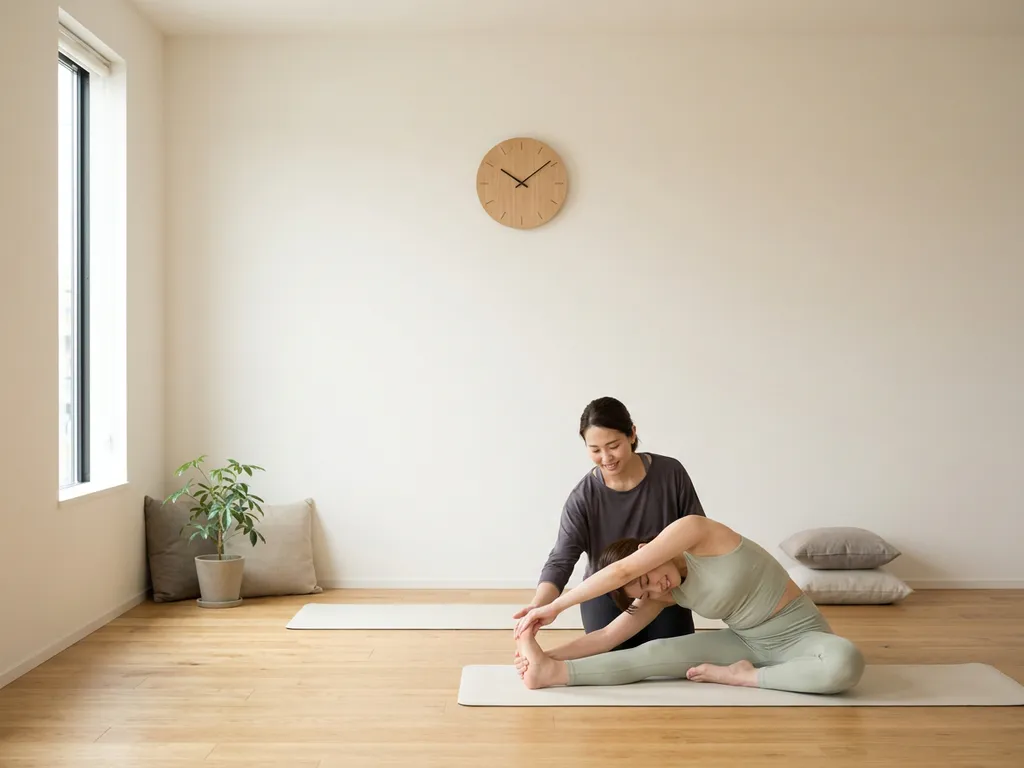 Personal trainer en cliënt in rustige, minimalistische studio met houten vloer, witte muren en wandklok op de achtergrond.