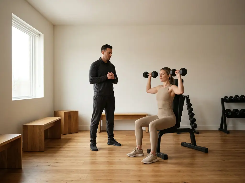 Personal trainer begeleidt cliënt bij dumbbell oefening in minimalistisch privéstudio met warm eiken vloer en natuurlijk licht.