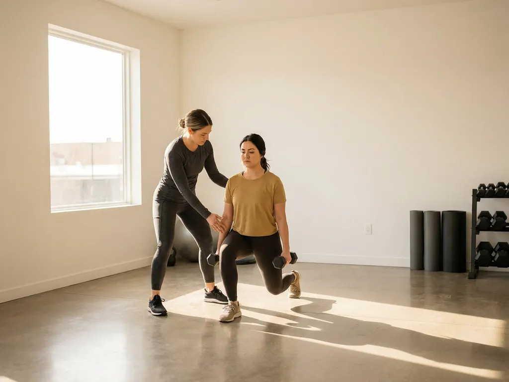 Personal trainer begeleidt cliënt bij dumbbell oefening in minimalistisch privéstudio met natuurlijk licht en betonnen vloer.