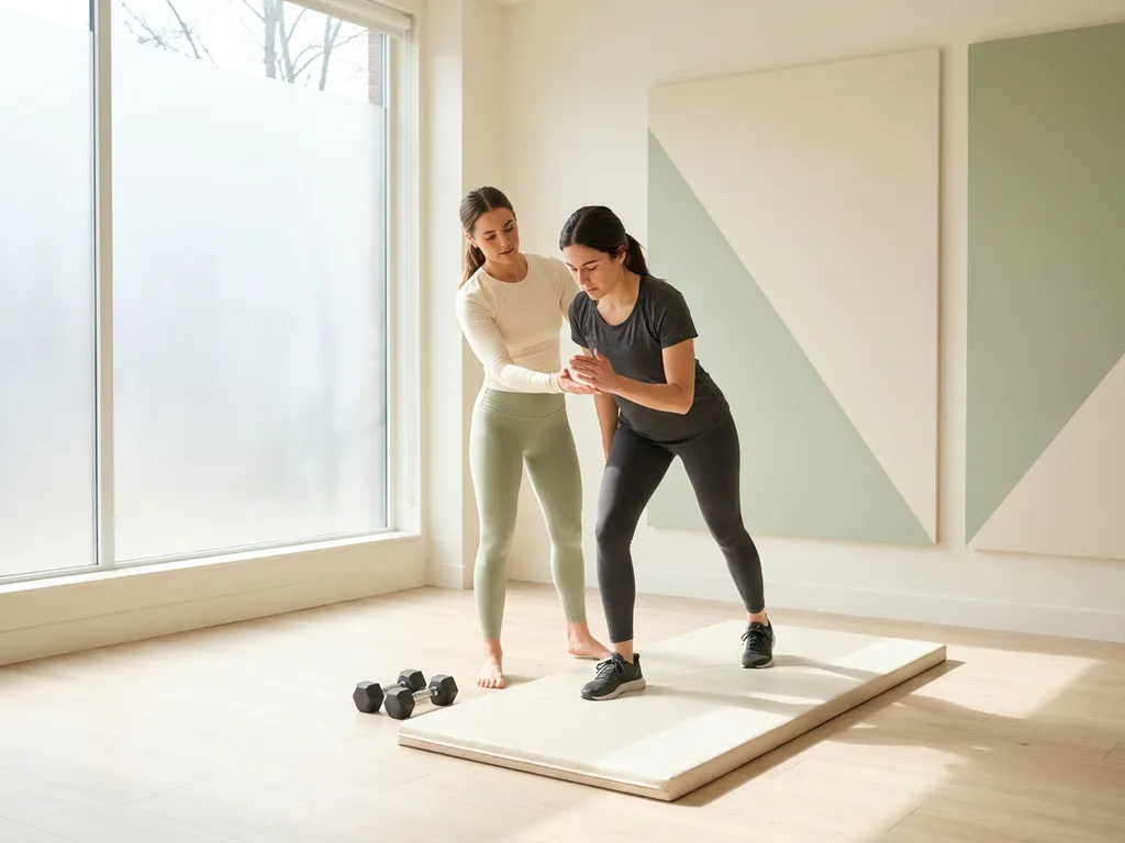 Vrouwelijke personal trainer begeleidt één-op-één sessie in minimalistisch studio met houten vloer en dumbbells nearby.