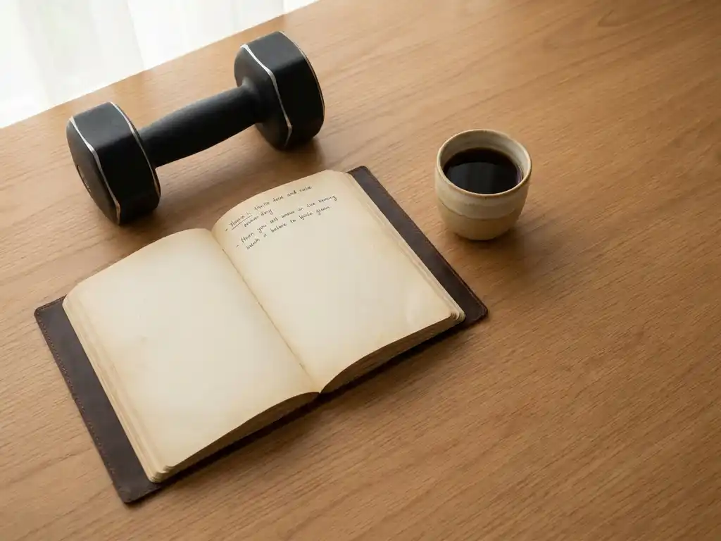 Opengeslagen leren trainingsjournal op een eikenhouten bureau naast een dumbbell en een keramieken koffiekopje in zacht ochtendlicht.