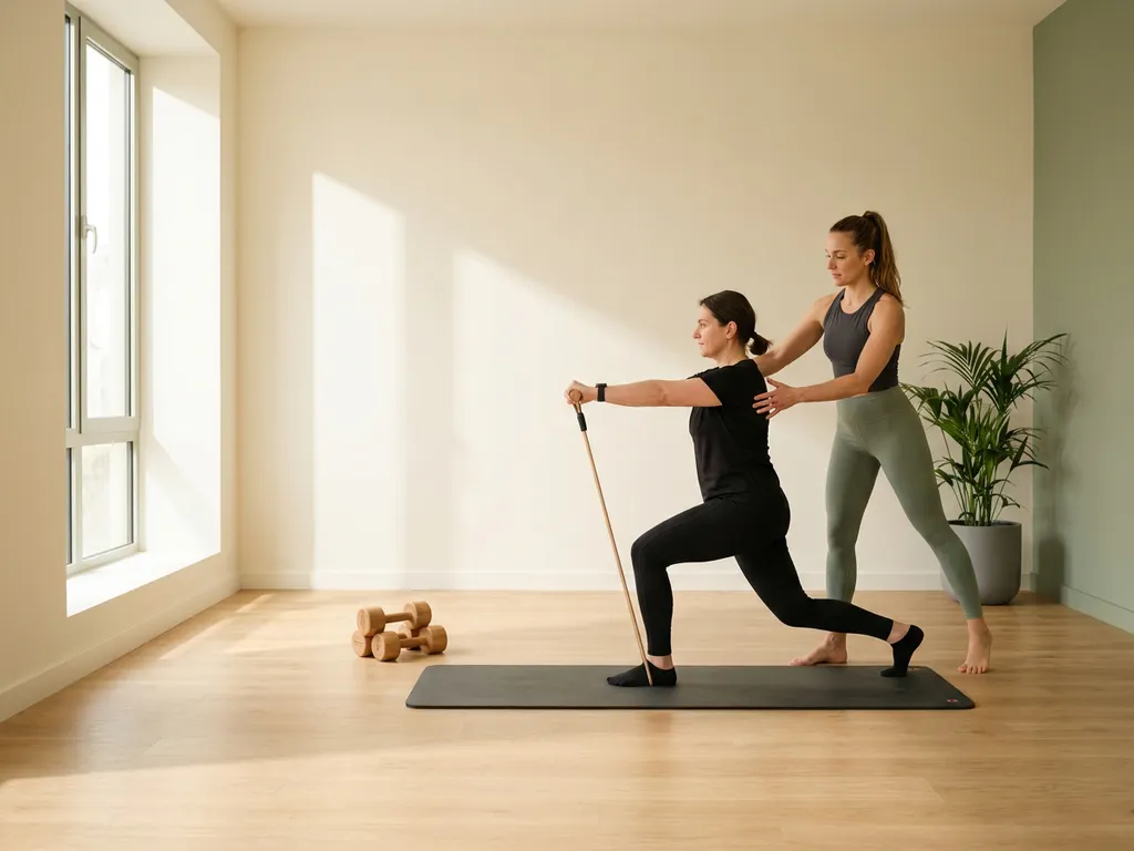 Vrouwelijke personal trainer begeleidt cliënt bij gecontroleerde oefening in minimalistisch privéstudio met natuurlijk licht.