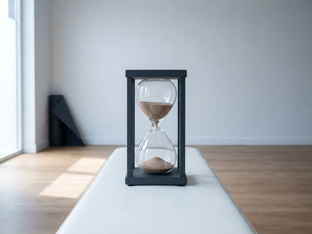 Glazen zandloper op een witte trainingsbank in een minimalistische studio met eiken vloer en zacht natuurlijk licht.