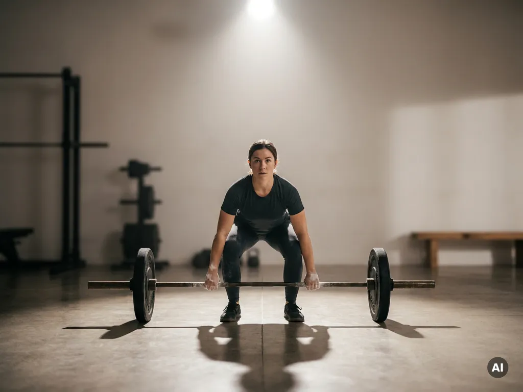 Atleet grijpt halter stevig vast tijdens een lift in een minimalistische privéstudio met zacht achtergrondlicht.